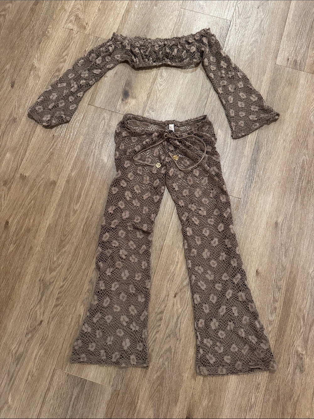Luli Fama Cosita Buena Crochet Flare Pants with Matching Off-Shoulder top